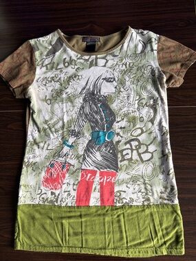 Custo Barcelona Graphic Girl Tee in Olive, Teal & Red